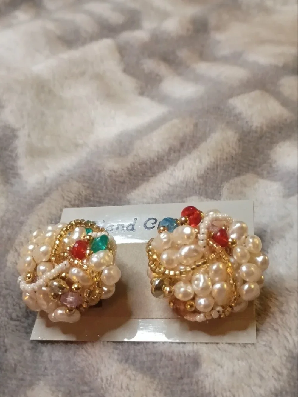 Hand Crafted White Pearl Cluster Earrings with Red, Green & Blue Accents